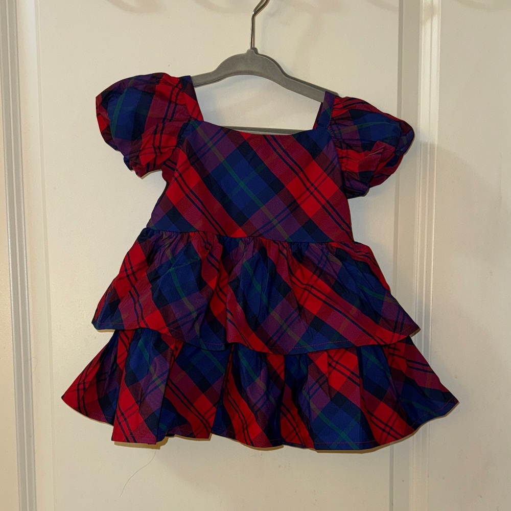 Janie and Jack Tiered Tartan Plaid Red and Blue Puff Sleeve Dress- NWT- 6/12 m